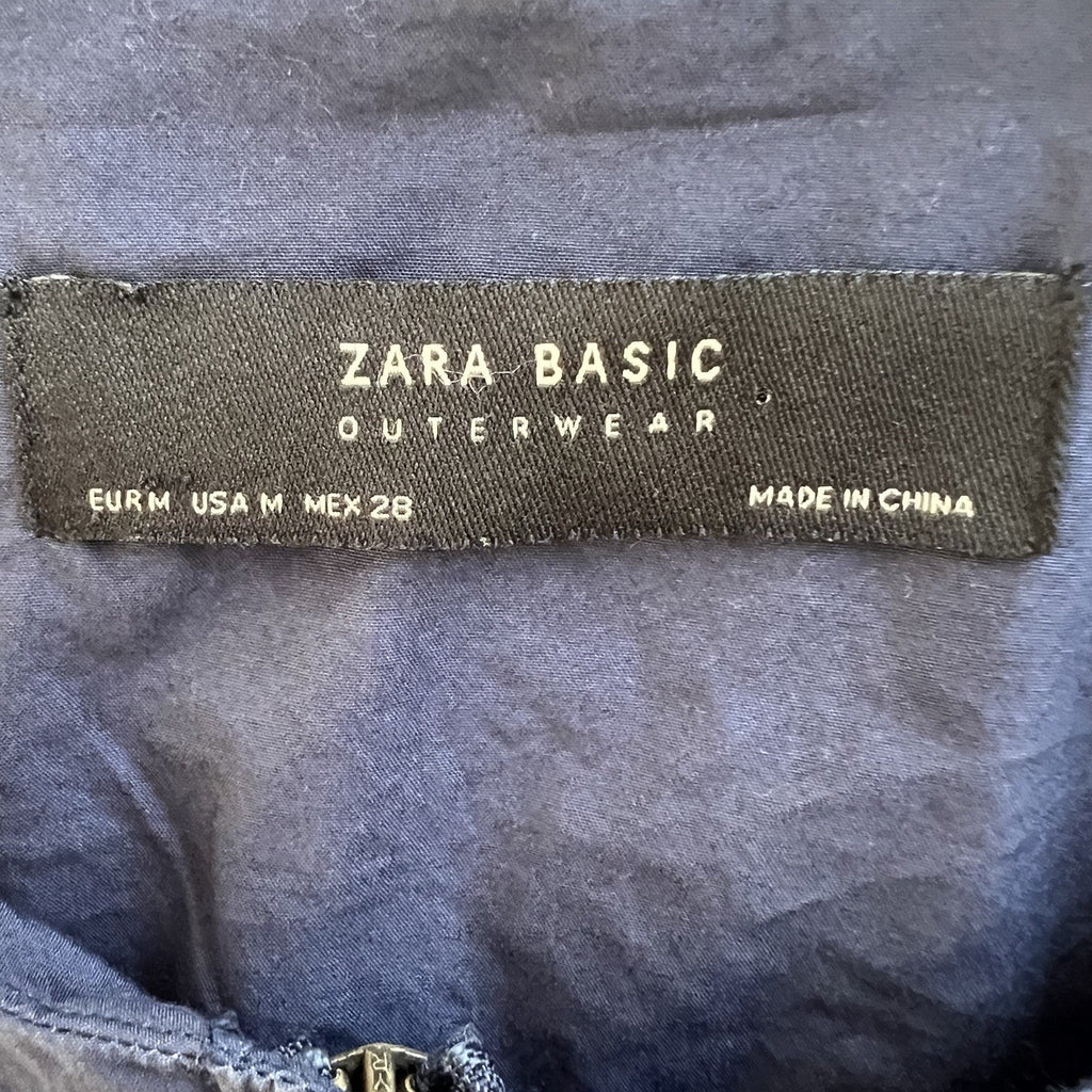 Zara Full Zip Jacket Sz M Navy Blue 3/4 Bell Slv Fringe Aztec Trim Pockets