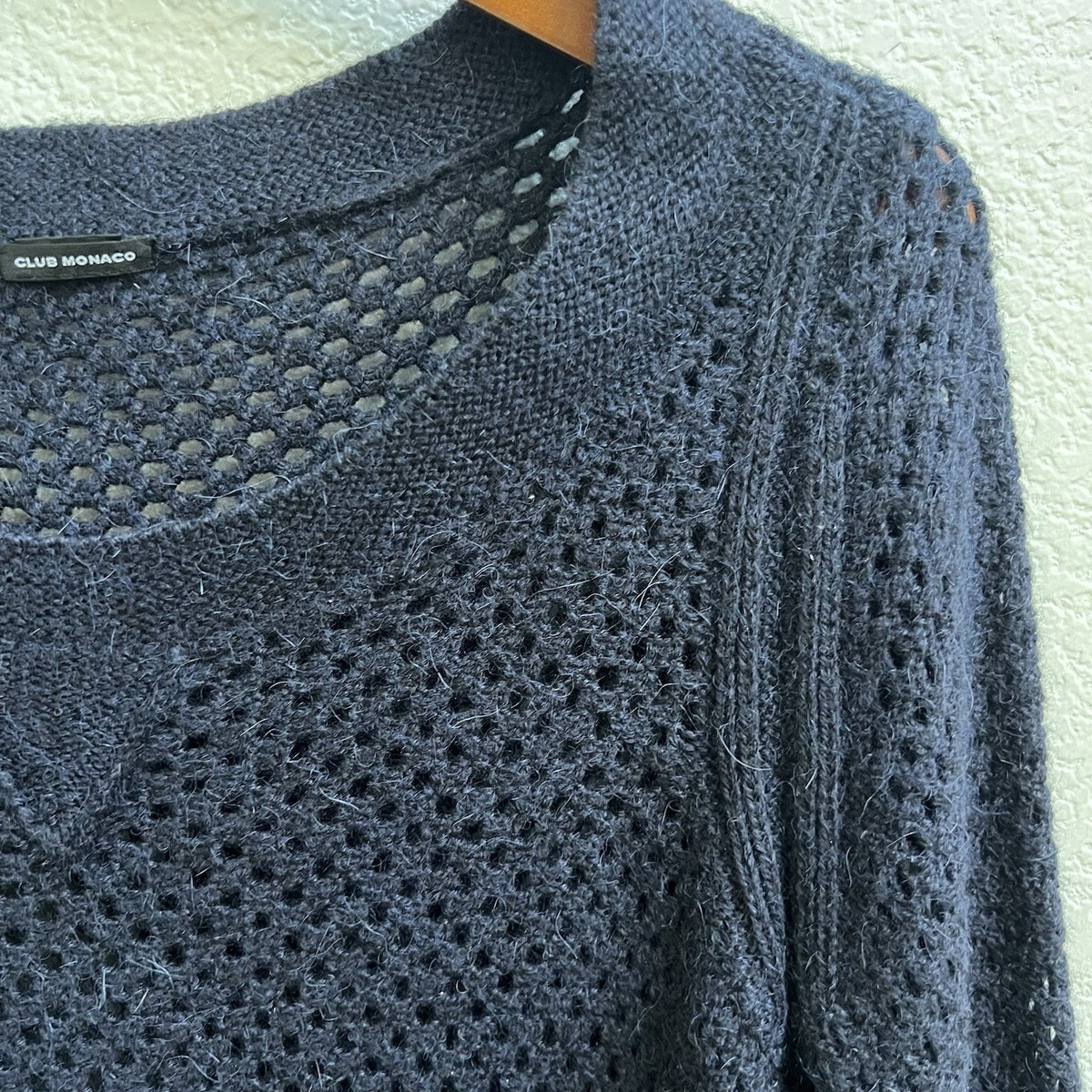 Club Monaco Womens Open Knit Sweater Navy Blue Sz L Wool Alpaca Blend