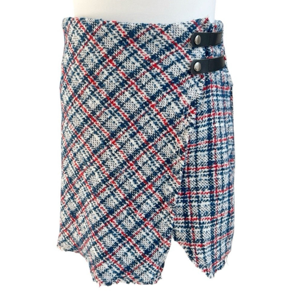 Urban Outfitters Huntley Wool Blend Mini Skirt Plaid Tweed 90s Wrap Sz XS