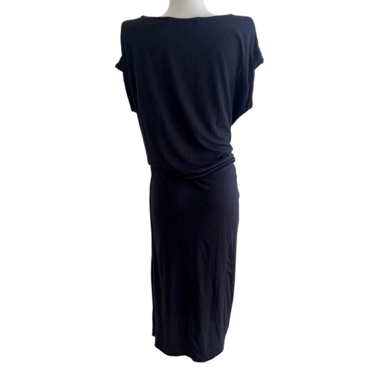 All Saints Alix Midi Dress Knit Dark Navy Blue Asymmetric Ruched Sz US 2 UK 6