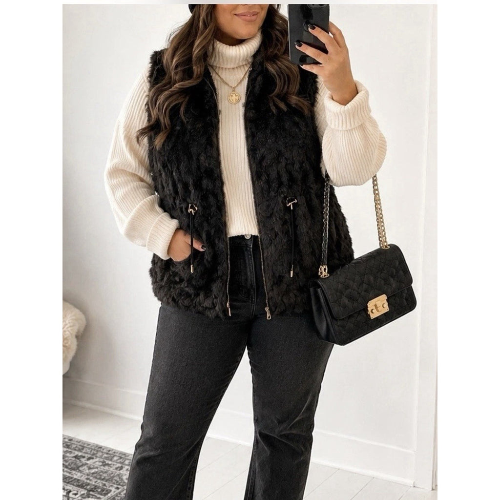Maurices Black Faux Fur Knit Vest Women XL Zip Front Drawstring Waist