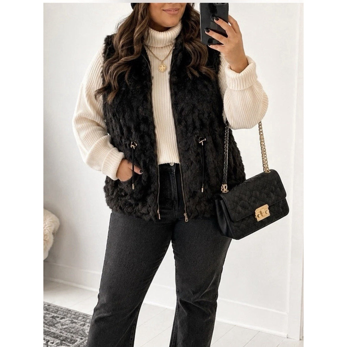 Maurices Black Faux Fur Knit Vest Women XL Zip Front Drawstring Waist