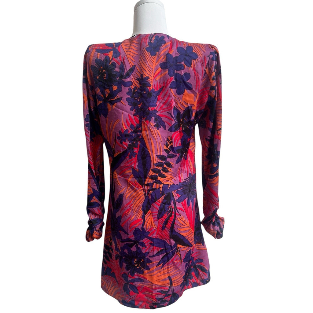 Zara Womens Sz S Floral Print Long Sleeve Satin Dress V Neck Ruched Front