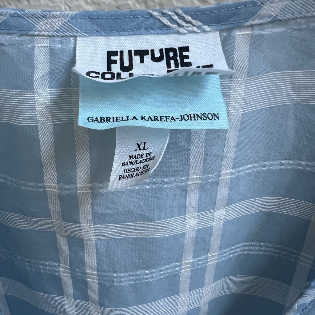 Future Collective Target Blue Plaid Wrap Tie Blouse Puff Sleeve XL Sheer Cottage