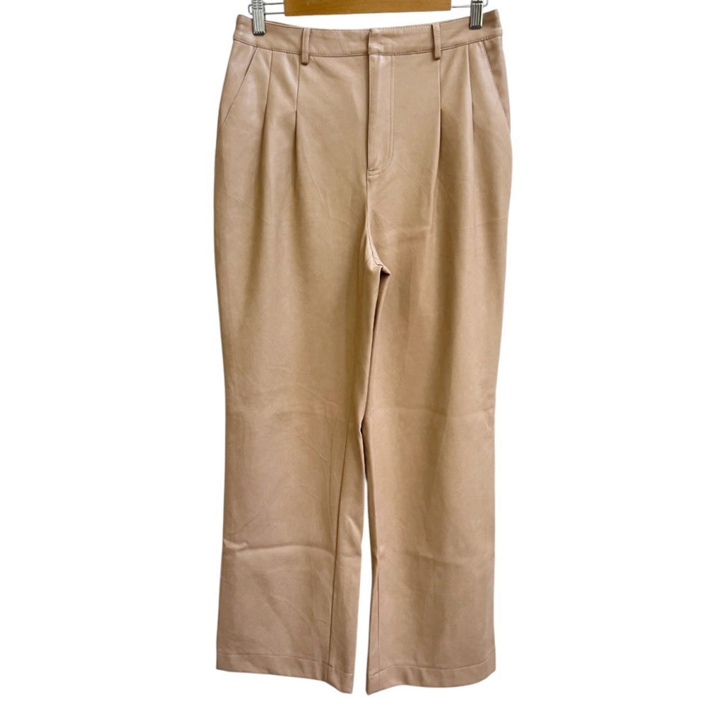 Seven 7 For All Mankind Faux Leather Sz M Pleated Tan High Rise Wide Leg Pants