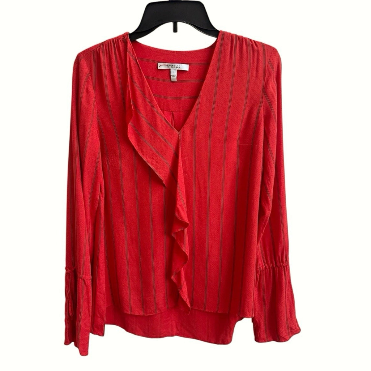 Derek Lam 10 Crosby Top 0 Striped V-Neck Ruffle Trim Long Slv Blouse Oversized