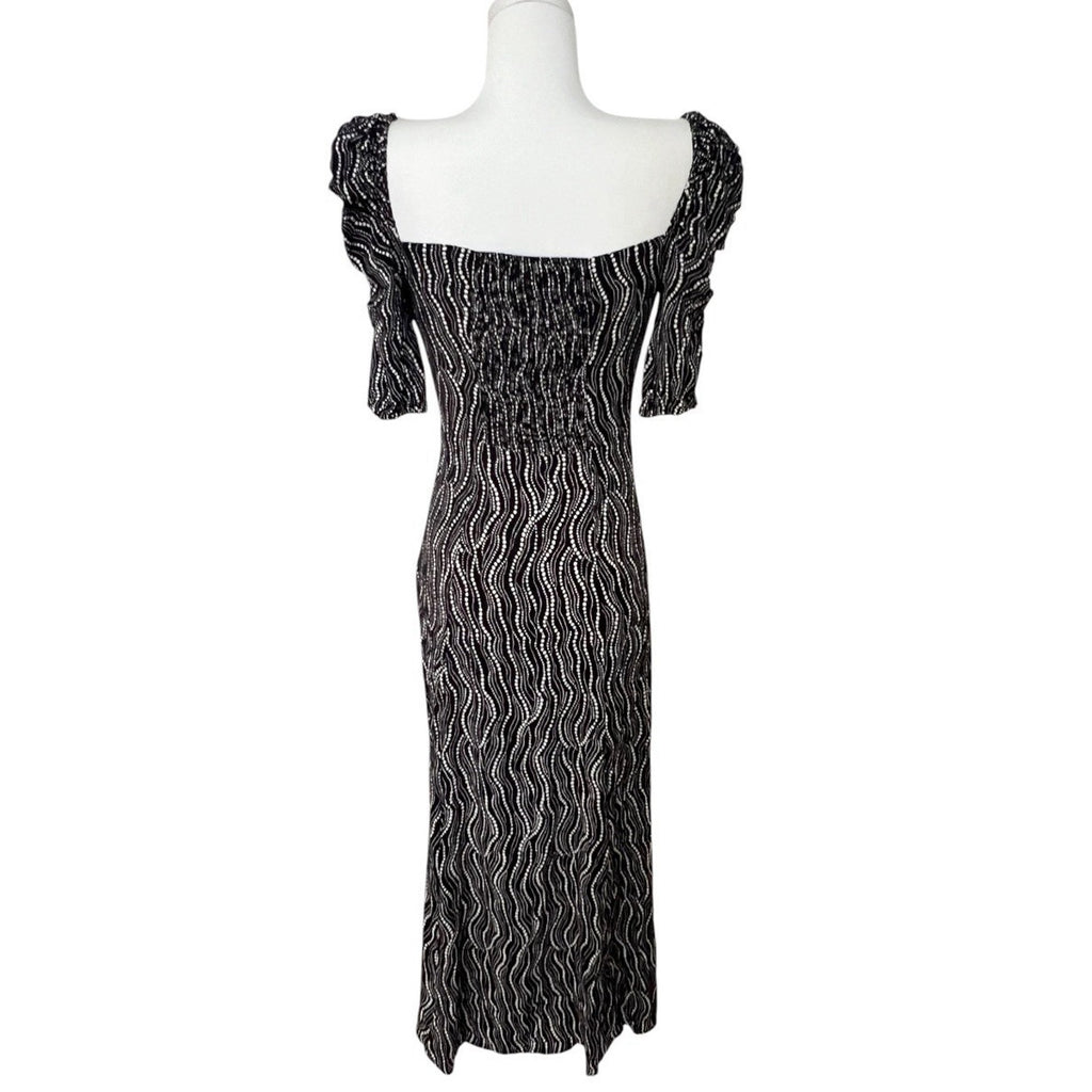 & Other Stories Puff Shoulder Crepe Midi Dress Dotted Print Sz 0 Front Slit