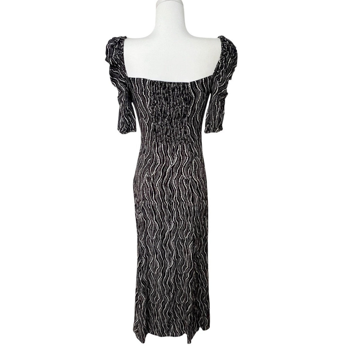 & Other Stories Puff Shoulder Crepe Midi Dress Dotted Print Sz 0 Front Slit