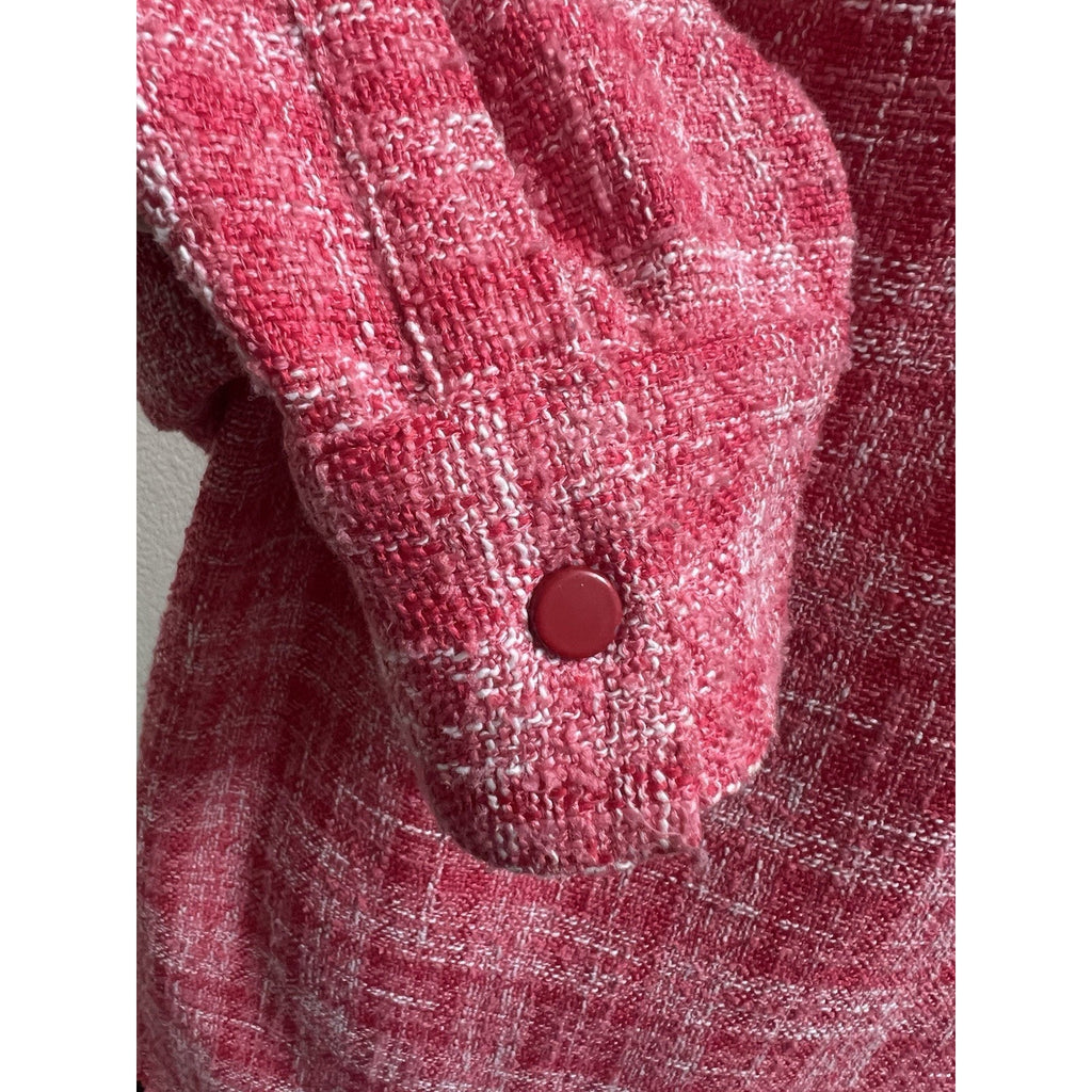 ZARA Red Pink Plaid Tweed Oversized Shacket Snap Button Down Jacket Raw Hem Sz S