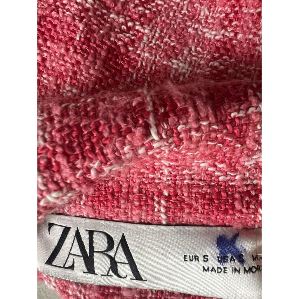 ZARA Red Pink Plaid Tweed Oversized Shacket Snap Button Down Jacket Raw Hem Sz S