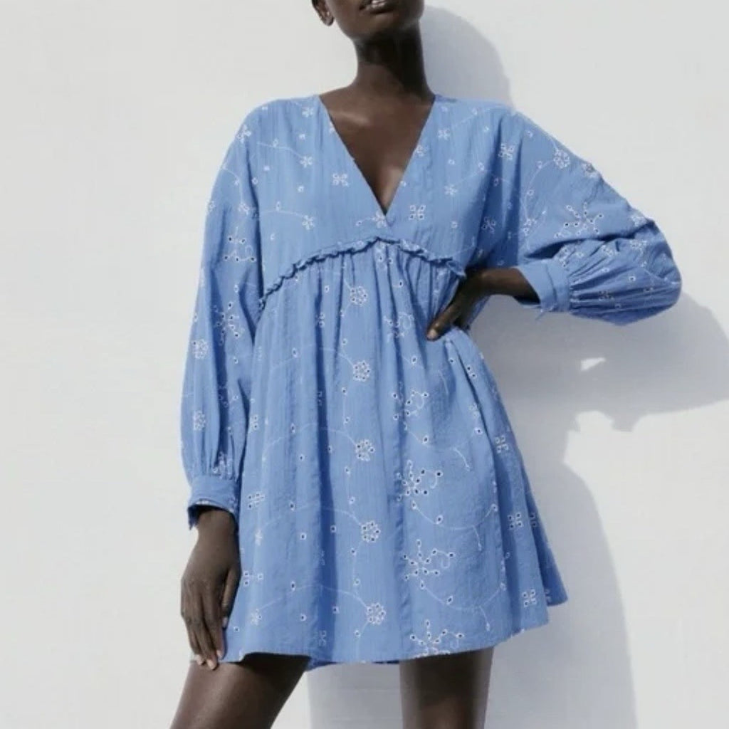Zara Blue Eyelet Plunge V Neck Babydoll Mini Dress Boho Oversized Embroidered XS