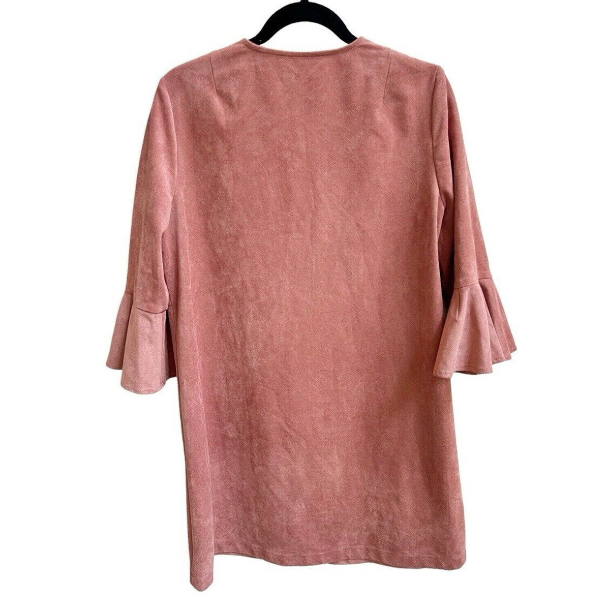 BCBGMAXAZRIA Faux Suede Cartier Dress Shift Ruffled Bell Sleeves Sz M Clay Pink
