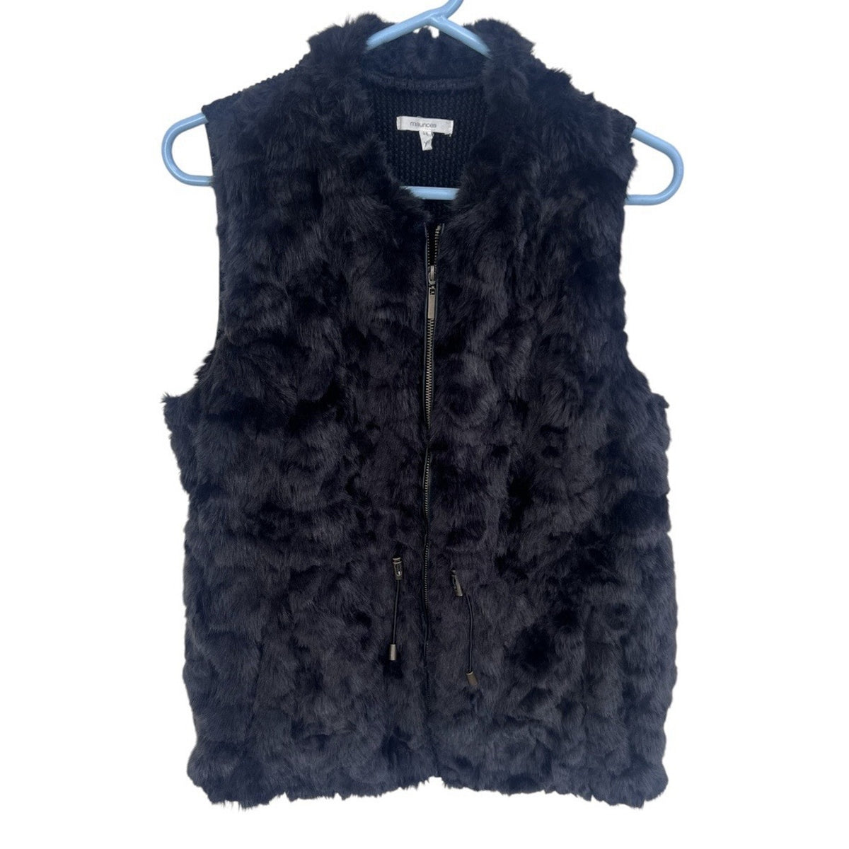 Maurices Black Faux Fur Knit Vest Women XL Zip Front Drawstring Waist
