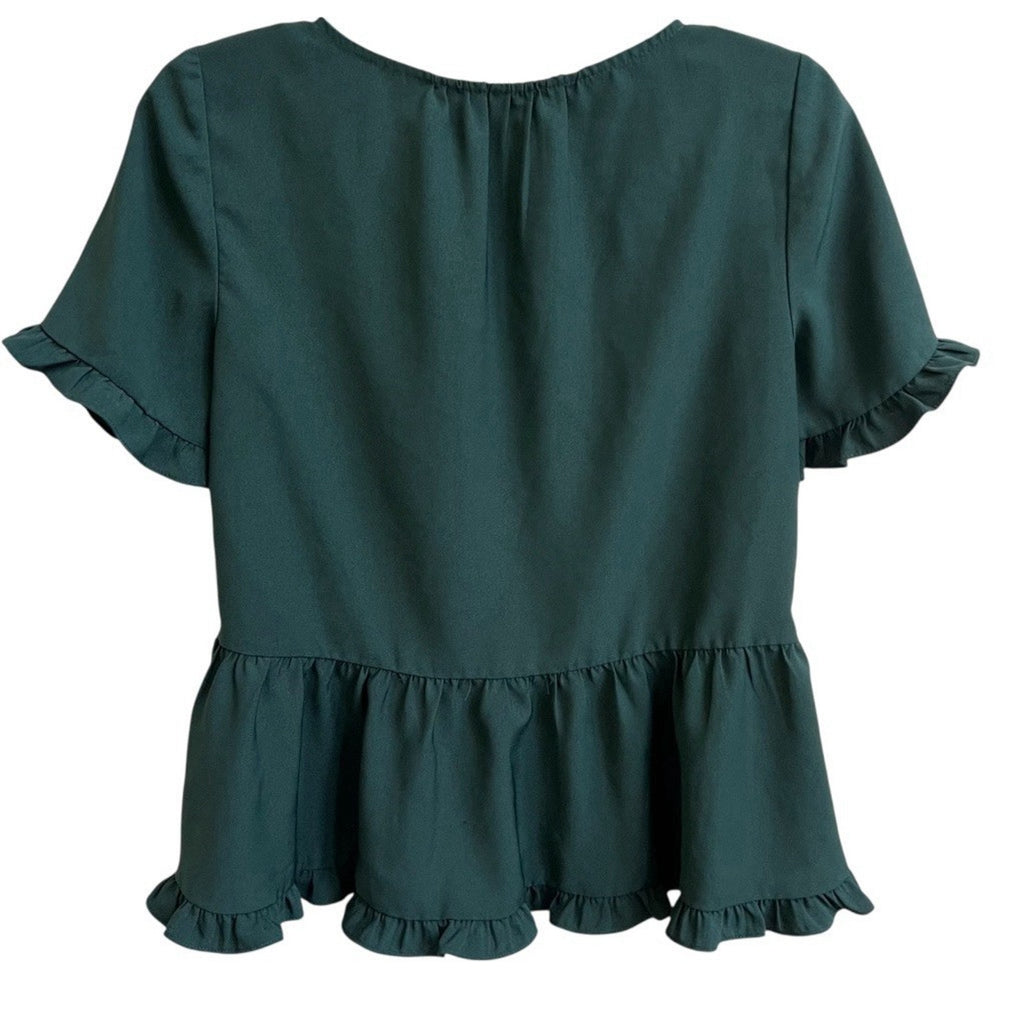 MADEWELL Peplum Blouse Top Smoky Spruce Green XS Ruffle Keyhole Short Slv Casual