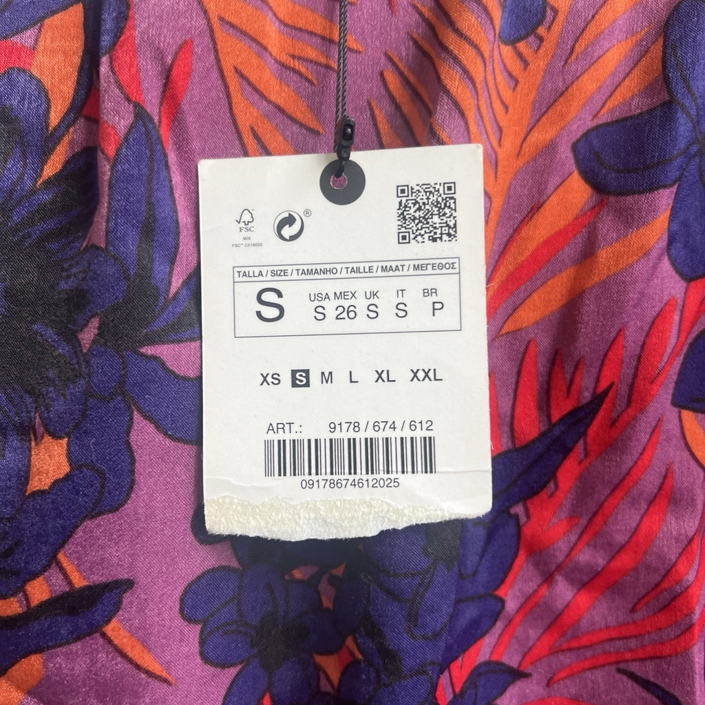 Zara Womens Sz S Floral Print Long Sleeve Satin Dress V Neck Ruched Front
