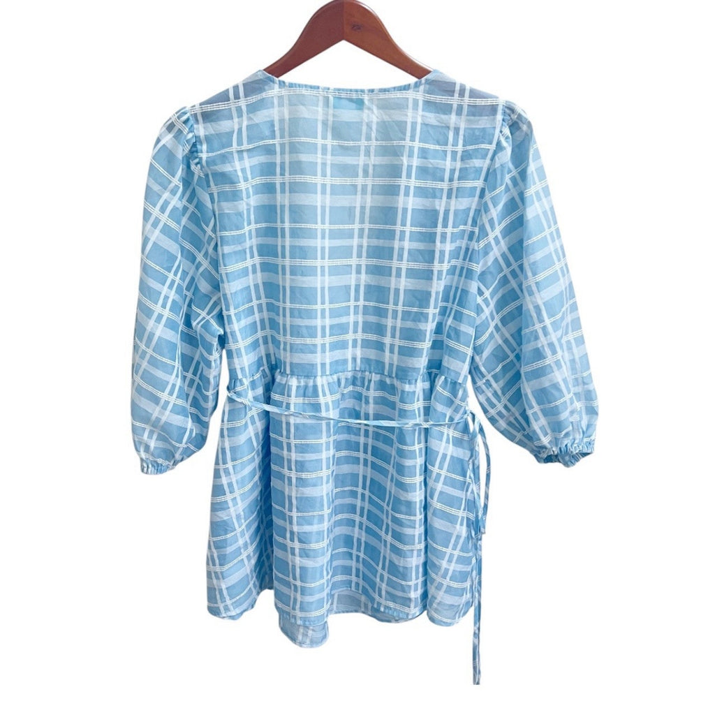 Future Collective Target Blue Plaid Wrap Tie Blouse Puff Sleeve XL Sheer Cottage