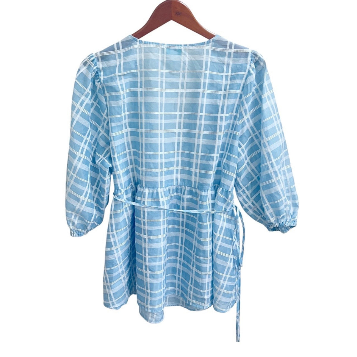 Future Collective Target Blue Plaid Wrap Tie Blouse Puff Sleeve XL Sheer Cottage