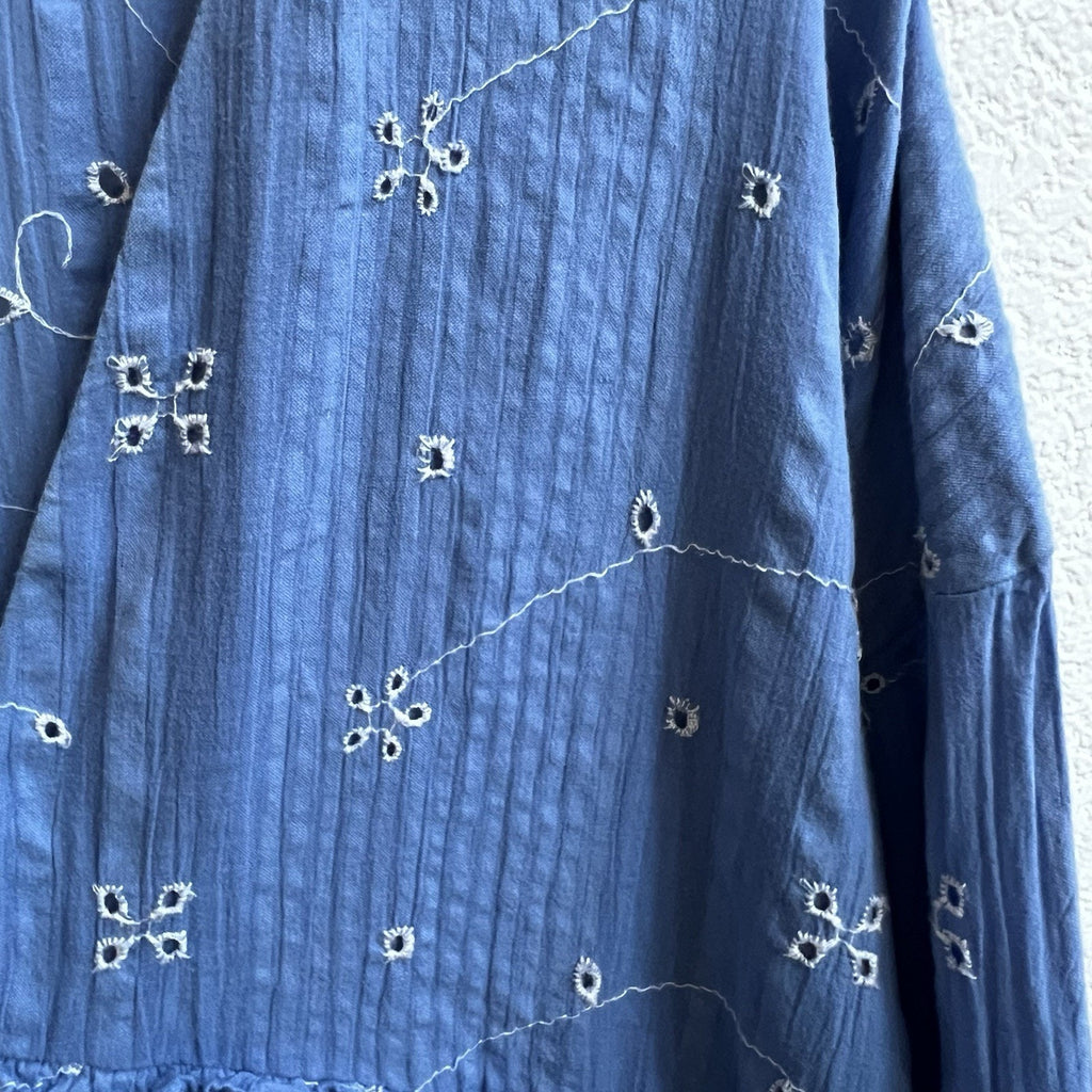 Zara Blue Eyelet Plunge V Neck Babydoll Mini Dress Boho Oversized Embroidered XS