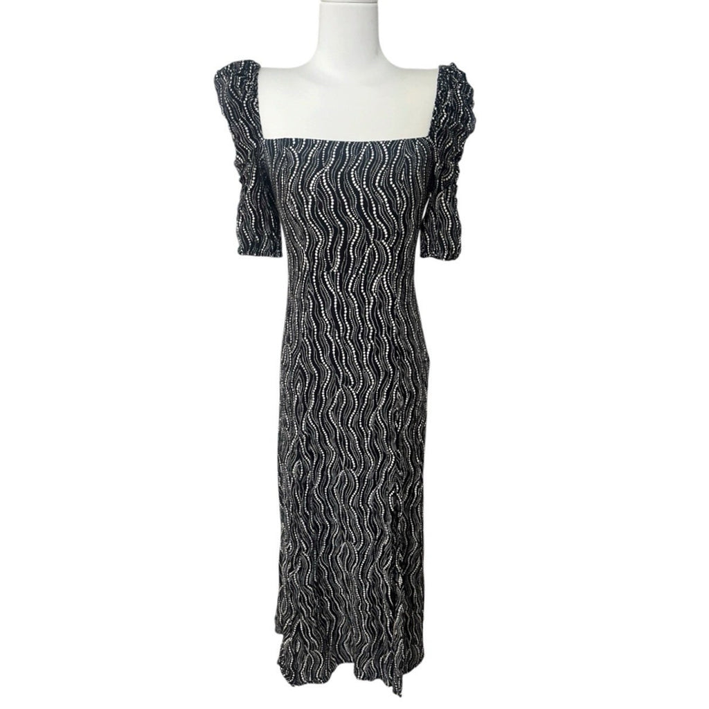 & Other Stories Puff Shoulder Crepe Midi Dress Dotted Print Sz 0 Front Slit