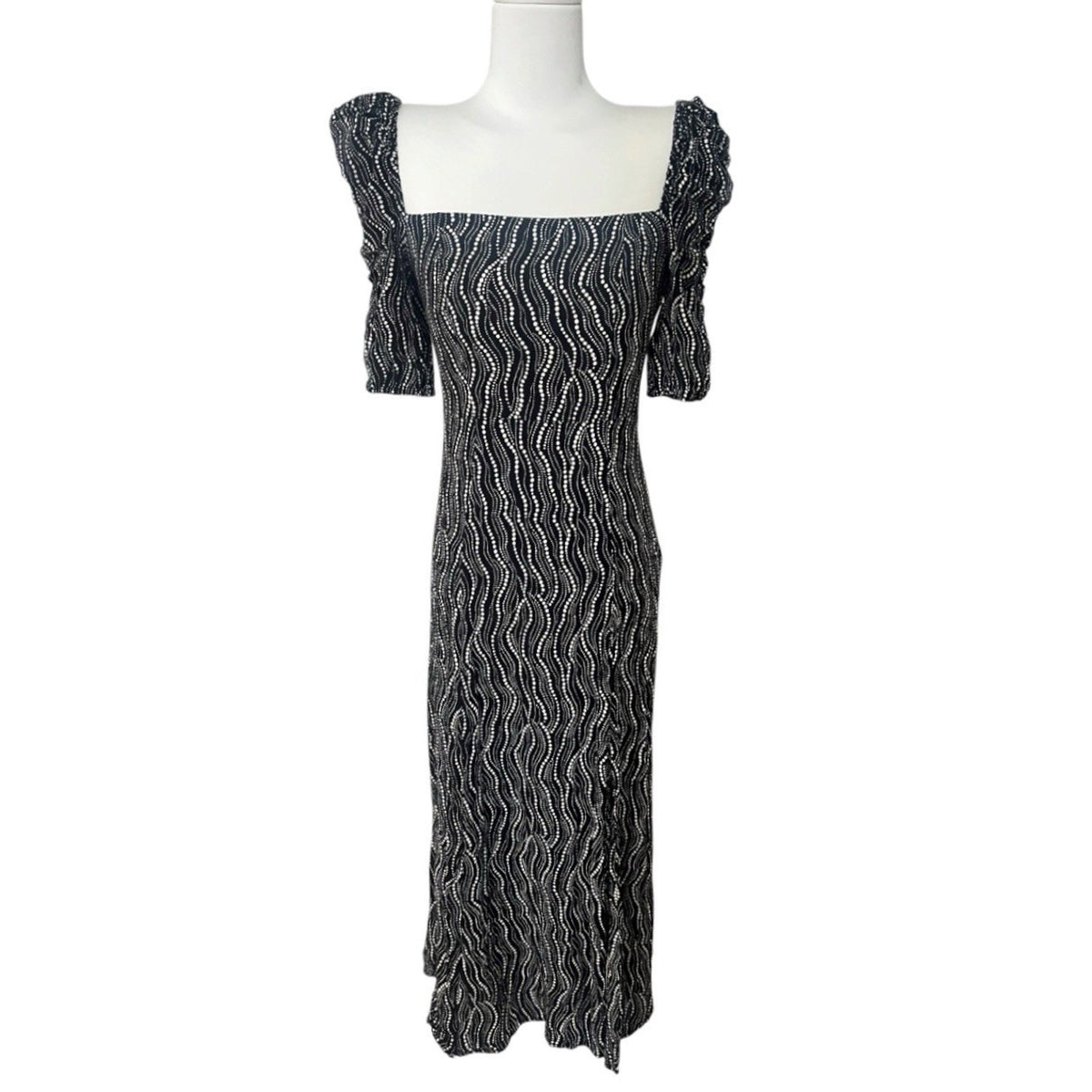& Other Stories Puff Shoulder Crepe Midi Dress Dotted Print Sz 0 Front Slit