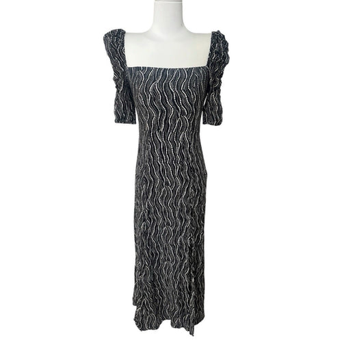 & Other Stories Puff Shoulder Crepe Midi Dress Dotted Print Sz 0 Front Slit