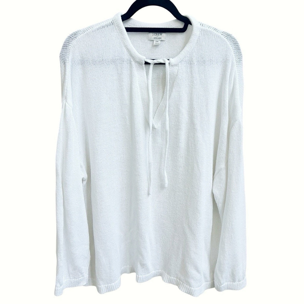 J. Crew Open Knit Sweater Plus Sz 2X Linen Blend Tie Neck White Beach Swim BQ688
