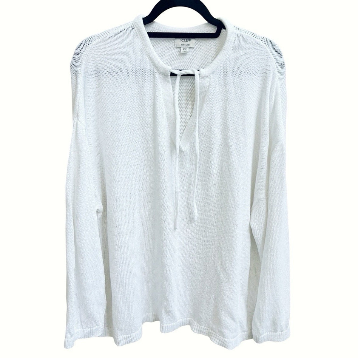 J. Crew Open Knit Sweater Plus Sz 2X Linen Blend Tie Neck White Beach Swim BQ688
