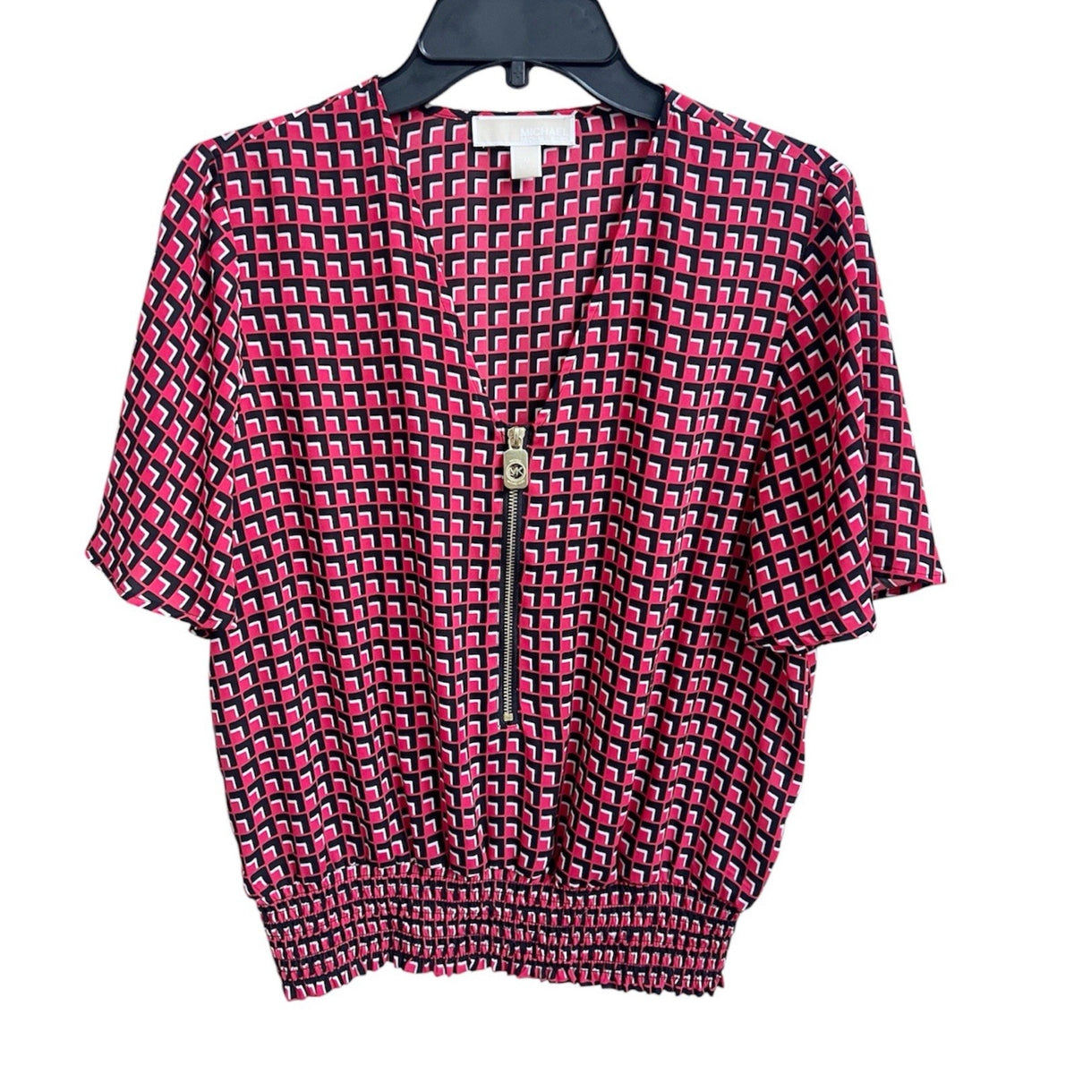 Michael Kors Women's Blouse Geometric Short Sleeves V-Neck Top Sz M Zipper