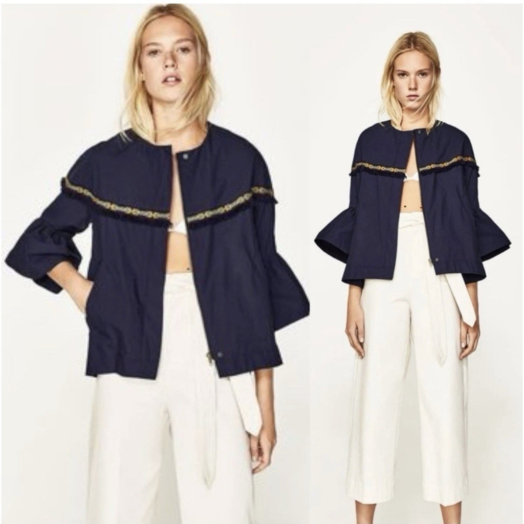 Zara Full Zip Jacket Sz M Navy Blue 3/4 Bell Slv Fringe Aztec Trim Pockets