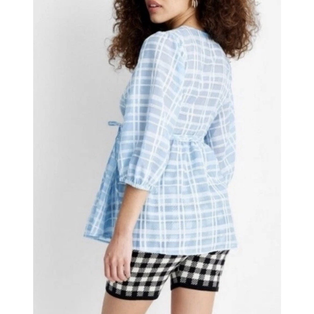 Future Collective Target Blue Plaid Wrap Tie Blouse Puff Sleeve XL Sheer Cottage