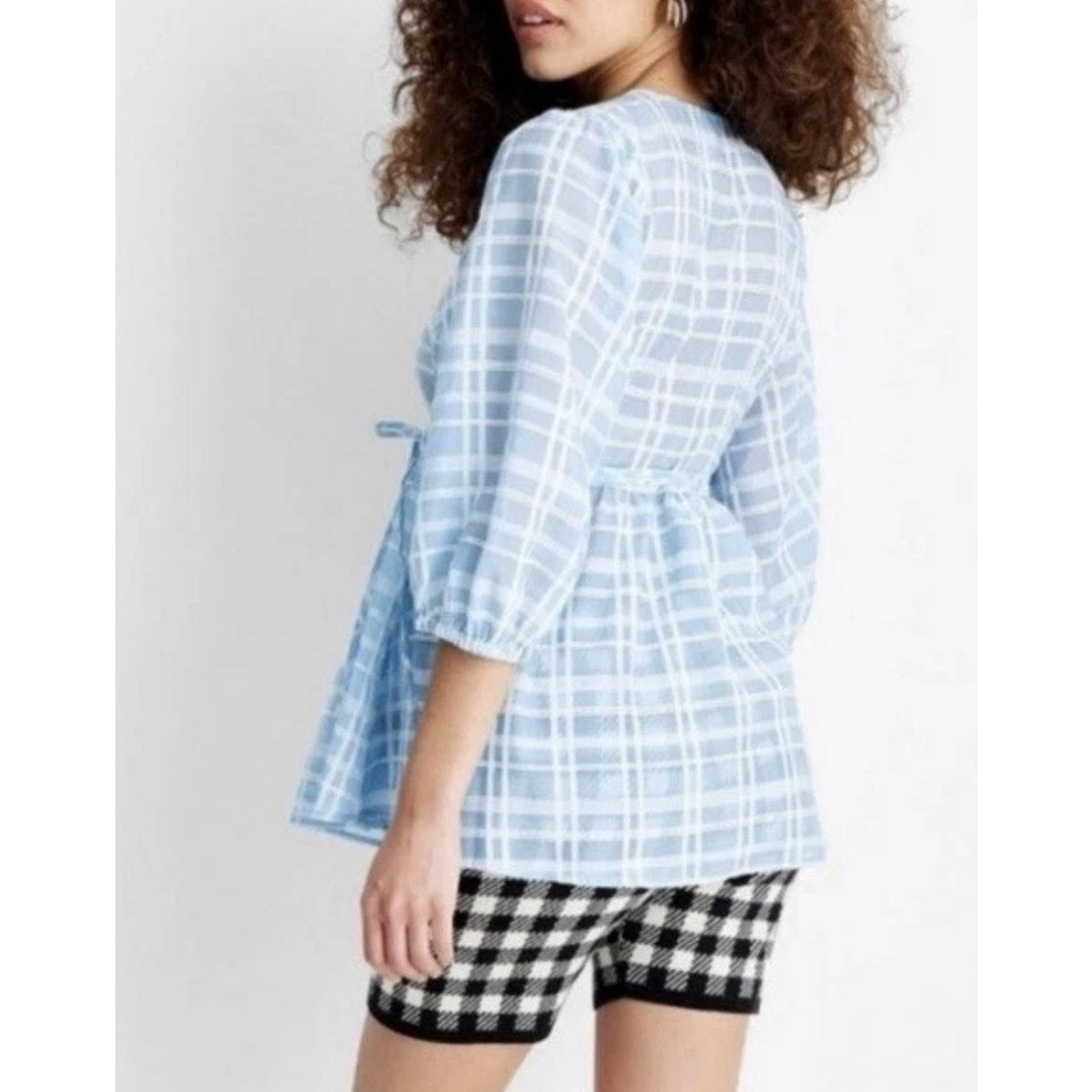 Future Collective Target Blue Plaid Wrap Tie Blouse Puff Sleeve XL Sheer Cottage