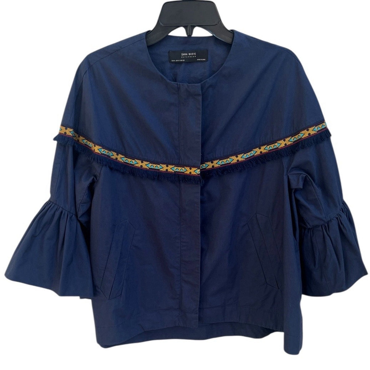 Zara Full Zip Jacket Sz M Navy Blue 3/4 Bell Slv Fringe Aztec Trim Pockets