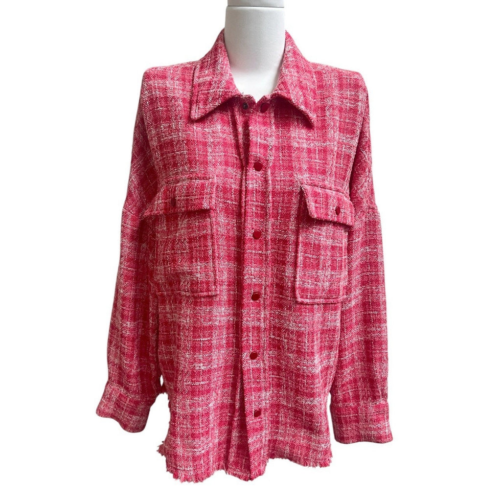 ZARA Red Pink Plaid Tweed Oversized Shacket Snap Button Down Jacket Raw Hem Sz S