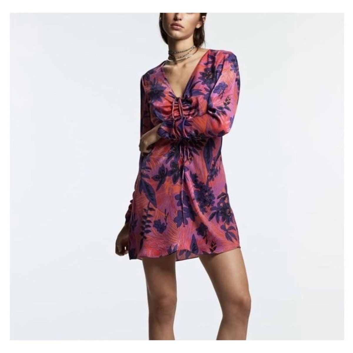 Zara Womens Sz S Floral Print Long Sleeve Satin Dress V Neck Ruched Front