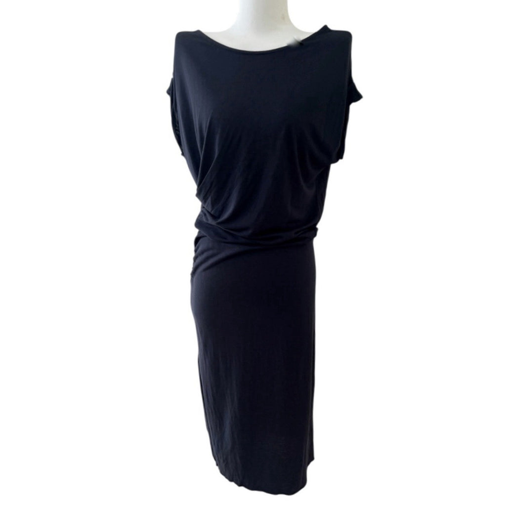 All Saints Alix Midi Dress Knit Dark Navy Blue Asymmetric Ruched Sz US 2 UK 6