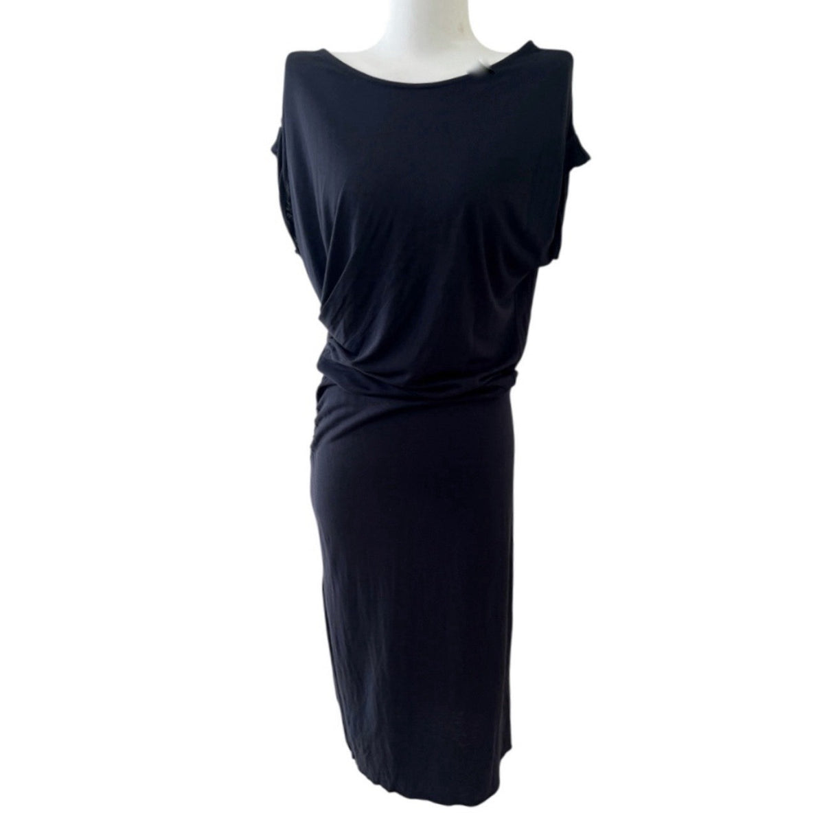 All Saints Alix Midi Dress Knit Dark Navy Blue Asymmetric Ruched Sz US 2 UK 6