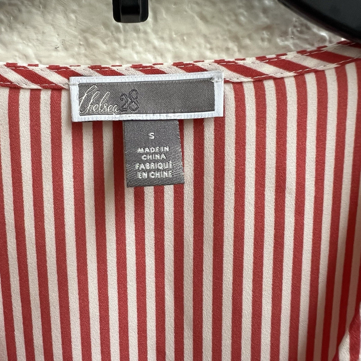 Chelsea28 Women's Blouse V Neck Faux Wrap Long Slv Top Red Stripe Office Sz S