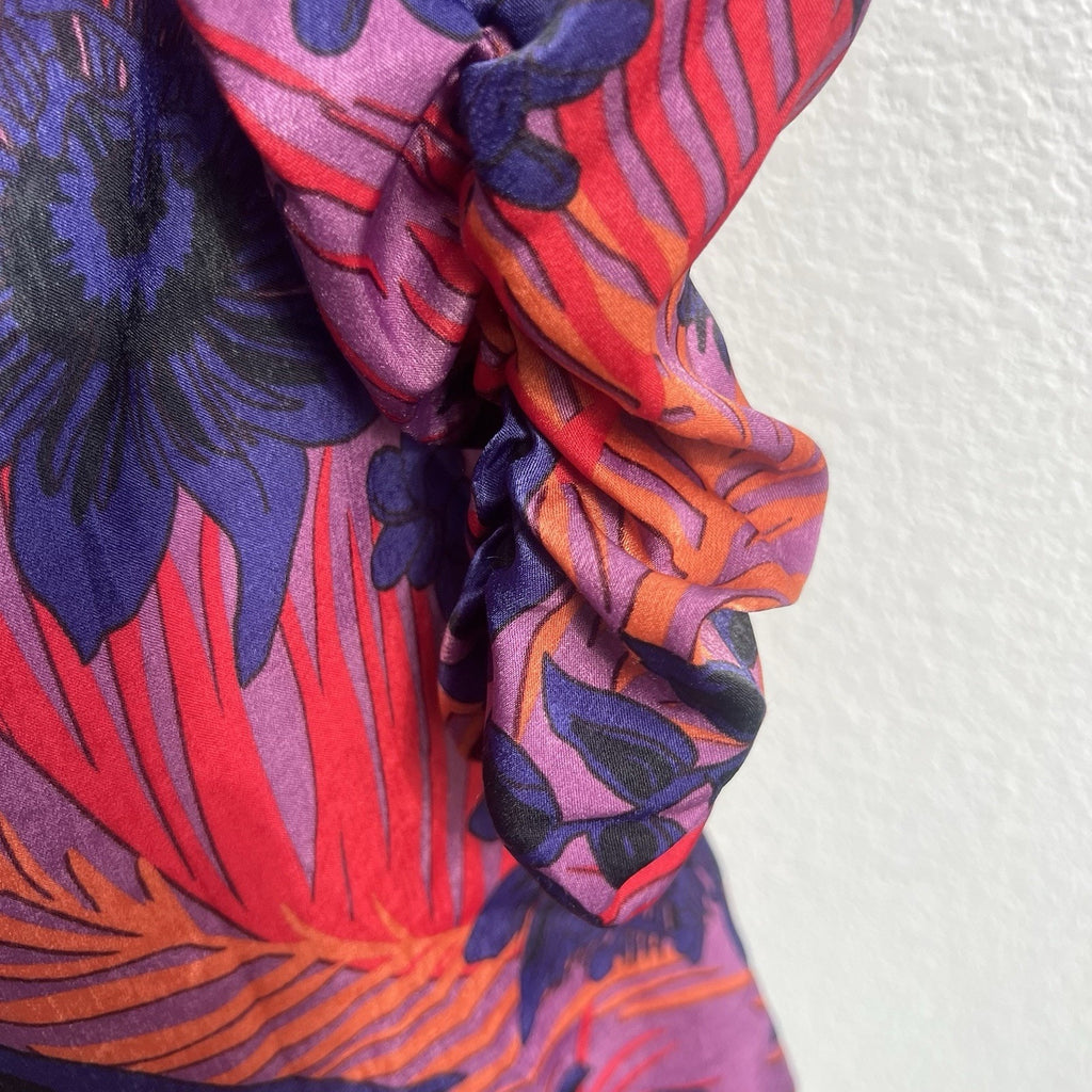 Zara Womens Sz S Floral Print Long Sleeve Satin Dress V Neck Ruched Front