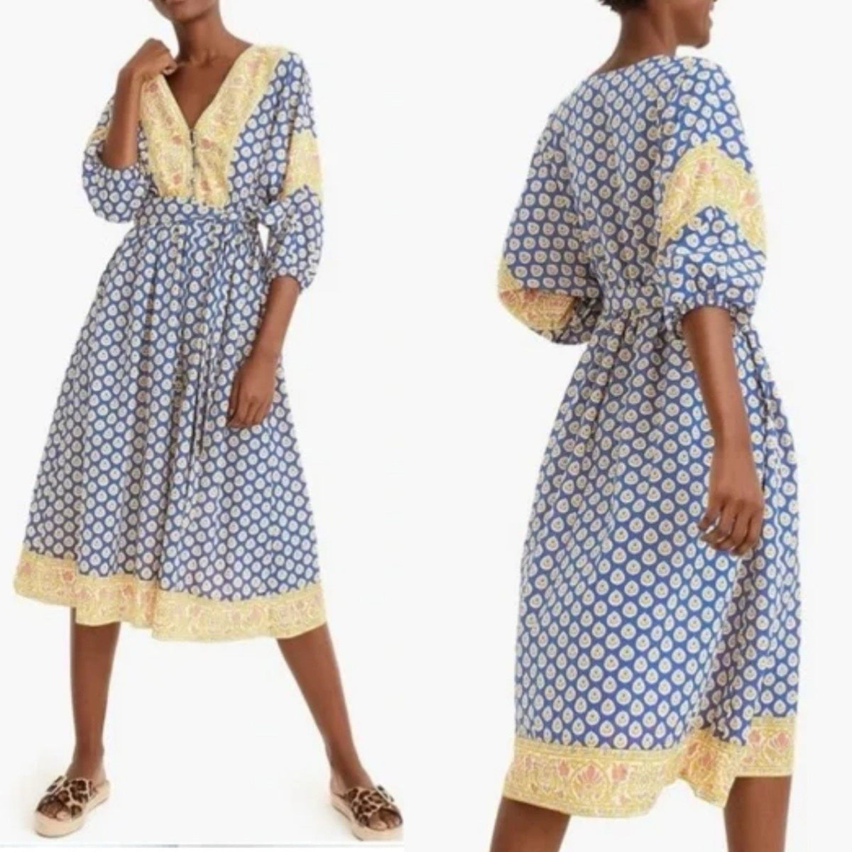 J. Crew Womens Midi Dress 3/4 Slv V Neck Cotton Sz XS "No Belt" Casual Peasant