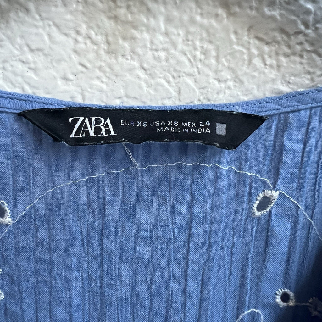 Zara Blue Eyelet Plunge V Neck Babydoll Mini Dress Boho Oversized Embroidered XS