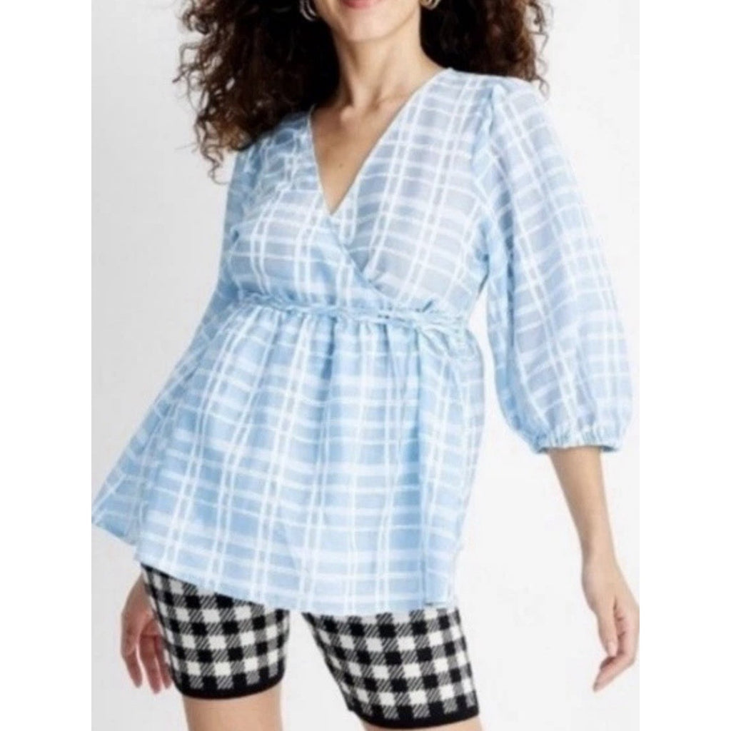 Future Collective Target Blue Plaid Wrap Tie Blouse Puff Sleeve XL Sheer Cottage