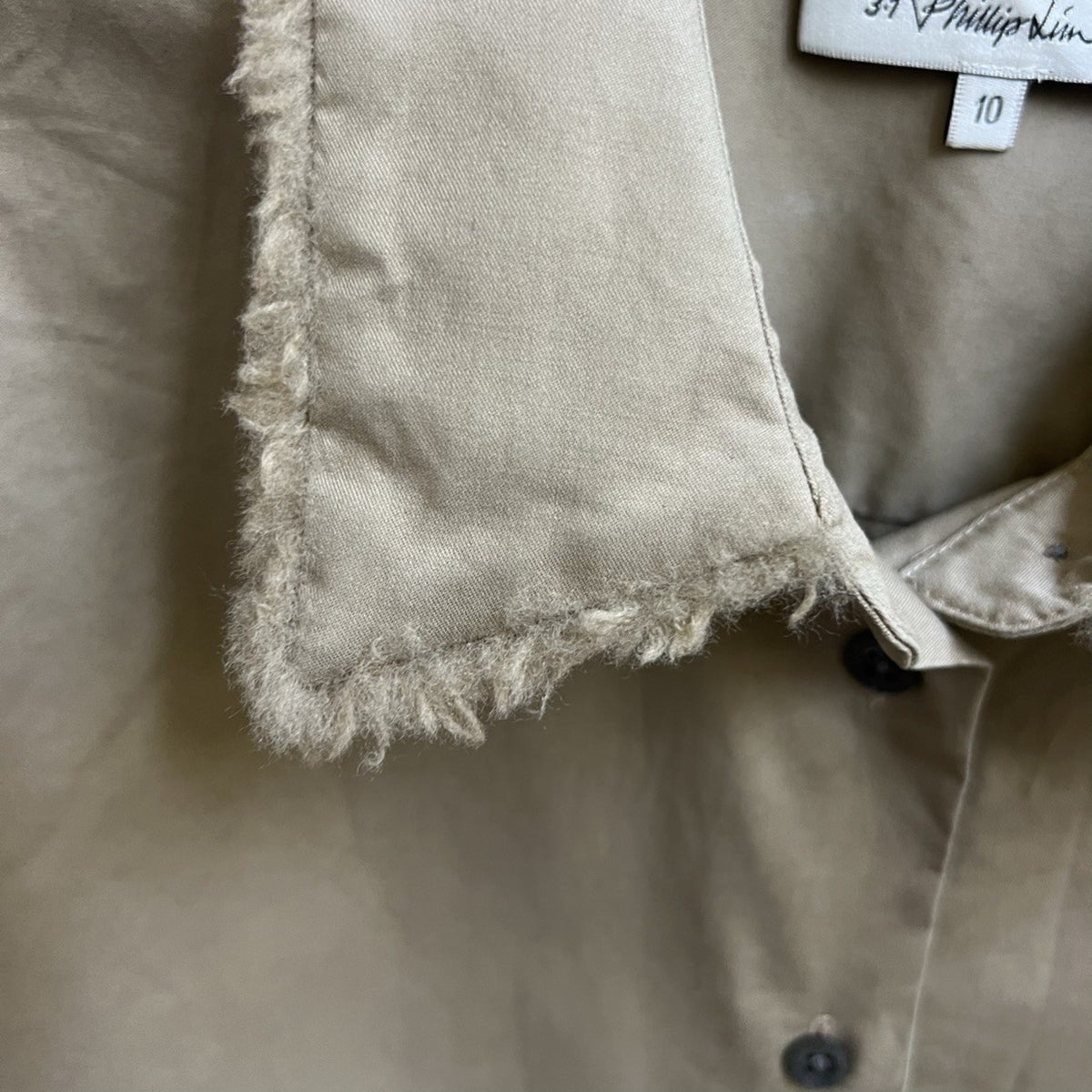 3.1 Phillip Lim Button Down Shirt Top Khaki Long Slv Faux Fur Trim Sz 10 Utility