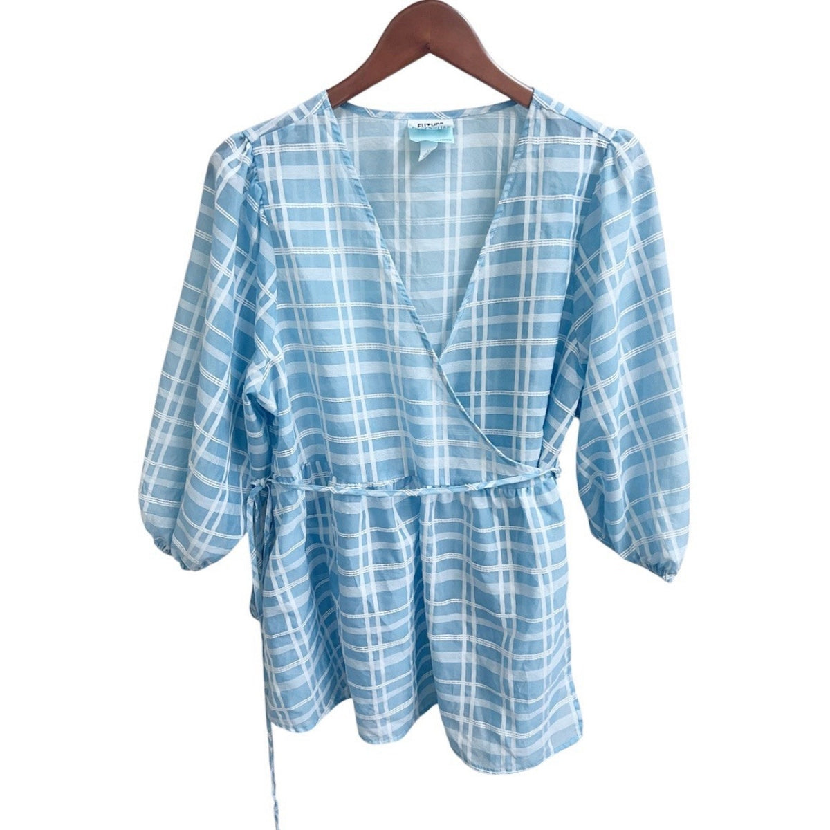 Future Collective Target Blue Plaid Wrap Tie Blouse Puff Sleeve XL Sheer Cottage