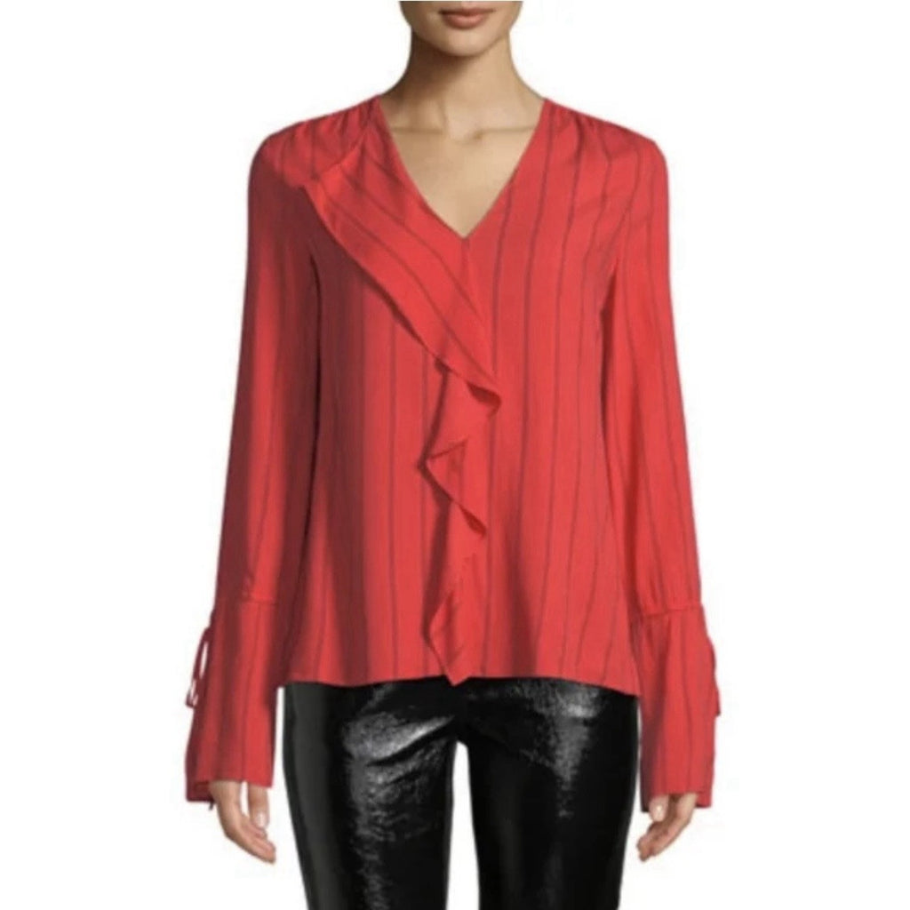 Derek Lam 10 Crosby Top 0 Striped V-Neck Ruffle Trim Long Slv Blouse Oversized