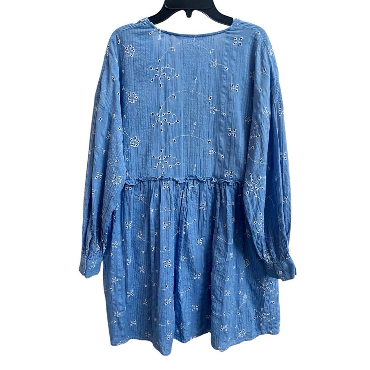 Zara Blue Eyelet Plunge V Neck Babydoll Mini Dress Boho Oversized Embroidered XS