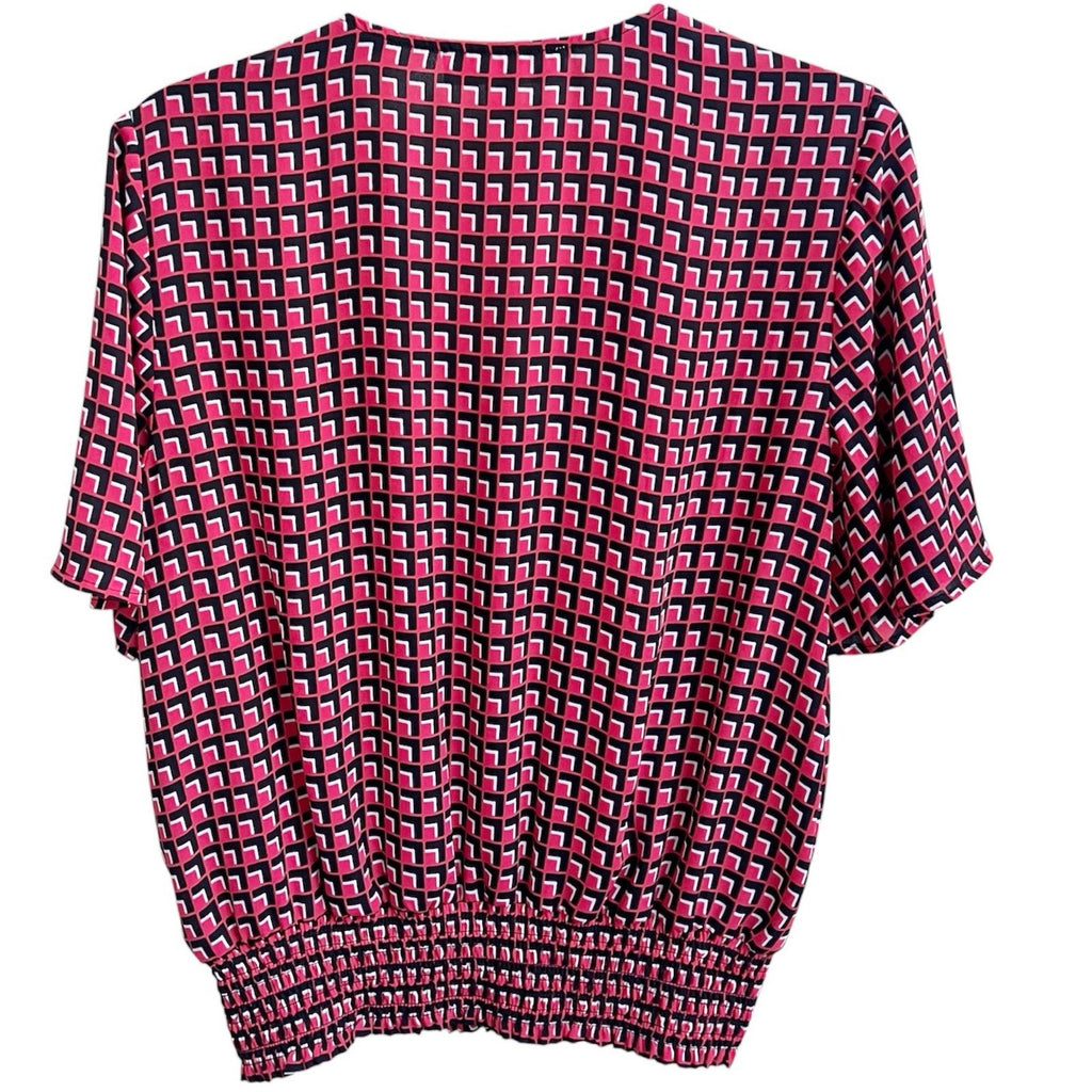 Michael Kors Women's Blouse Geometric Short Sleeves V-Neck Top Sz M Zipper