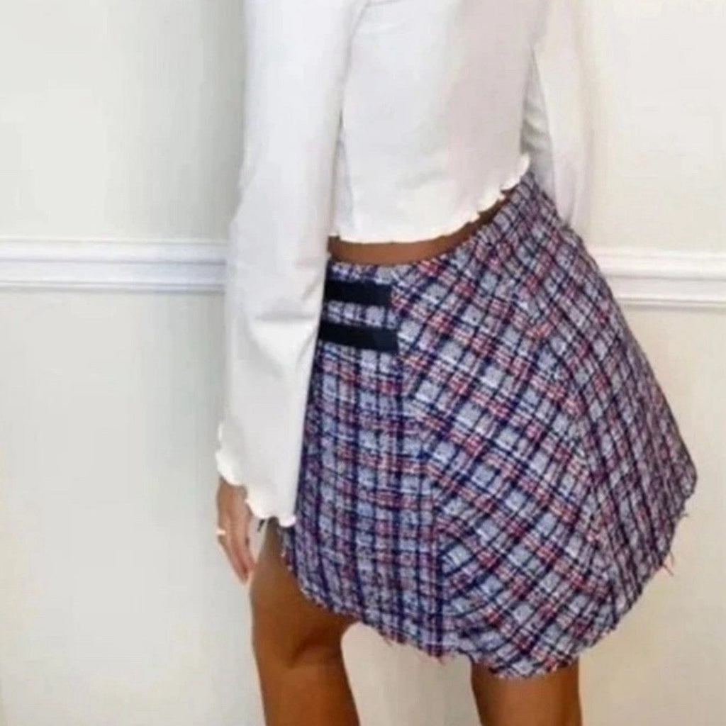 Urban Outfitters Huntley Wool Blend Mini Skirt Plaid Tweed 90s Wrap Sz XS