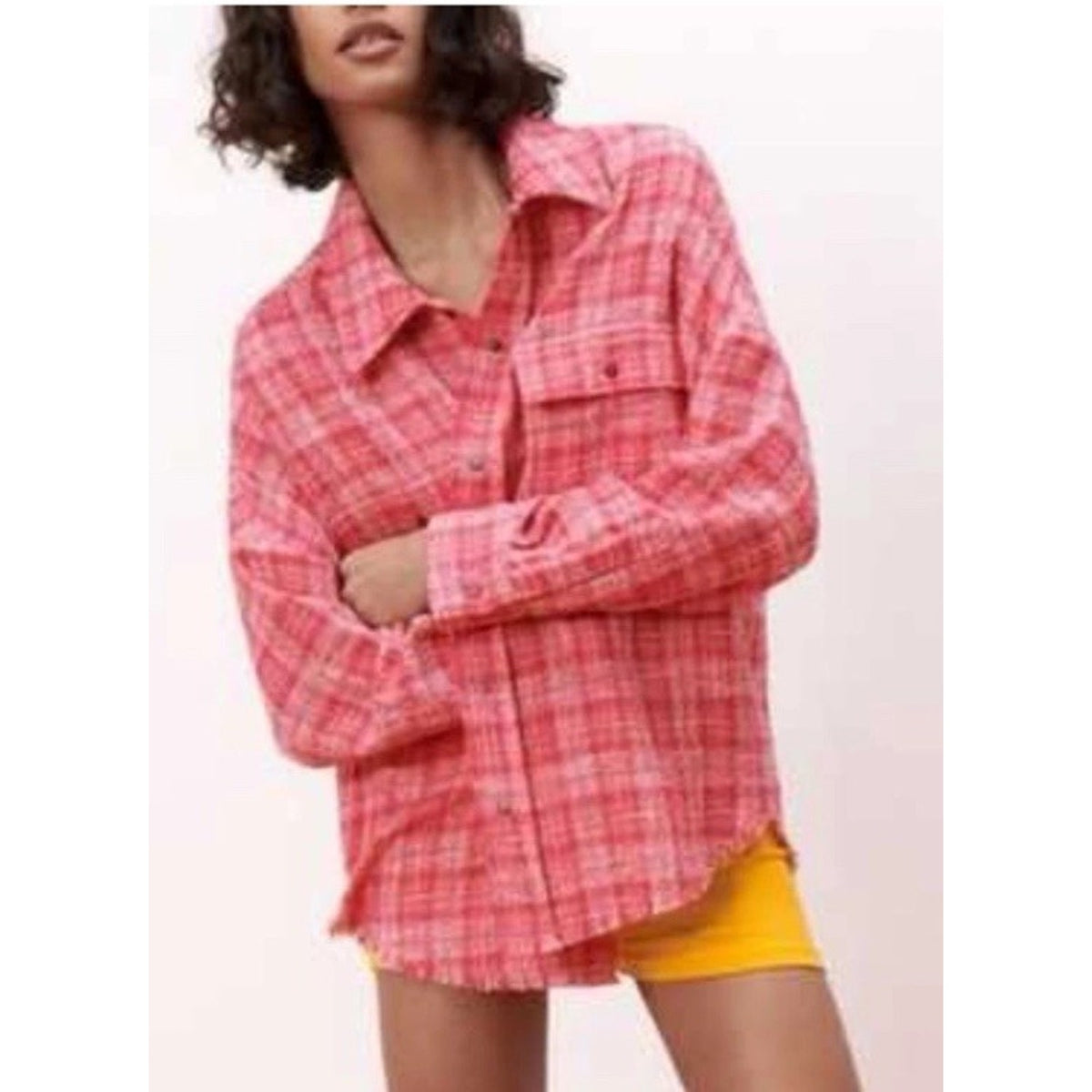 ZARA Red Pink Plaid Tweed Oversized Shacket Snap Button Down Jacket Raw Hem Sz S