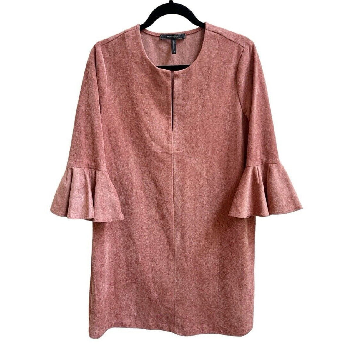 BCBGMAXAZRIA Faux Suede Cartier Dress Shift Ruffled Bell Sleeves Sz M Clay Pink
