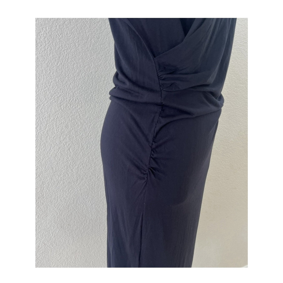 All Saints Alix Midi Dress Knit Dark Navy Blue Asymmetric Ruched Sz US 2 UK 6